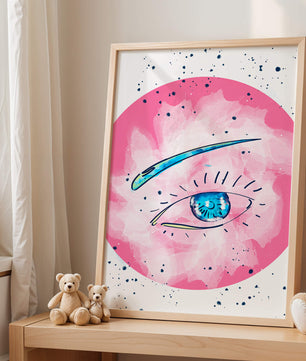 Abstract Eye Illustration with Pink Background and Blue Accents - Mi tienda