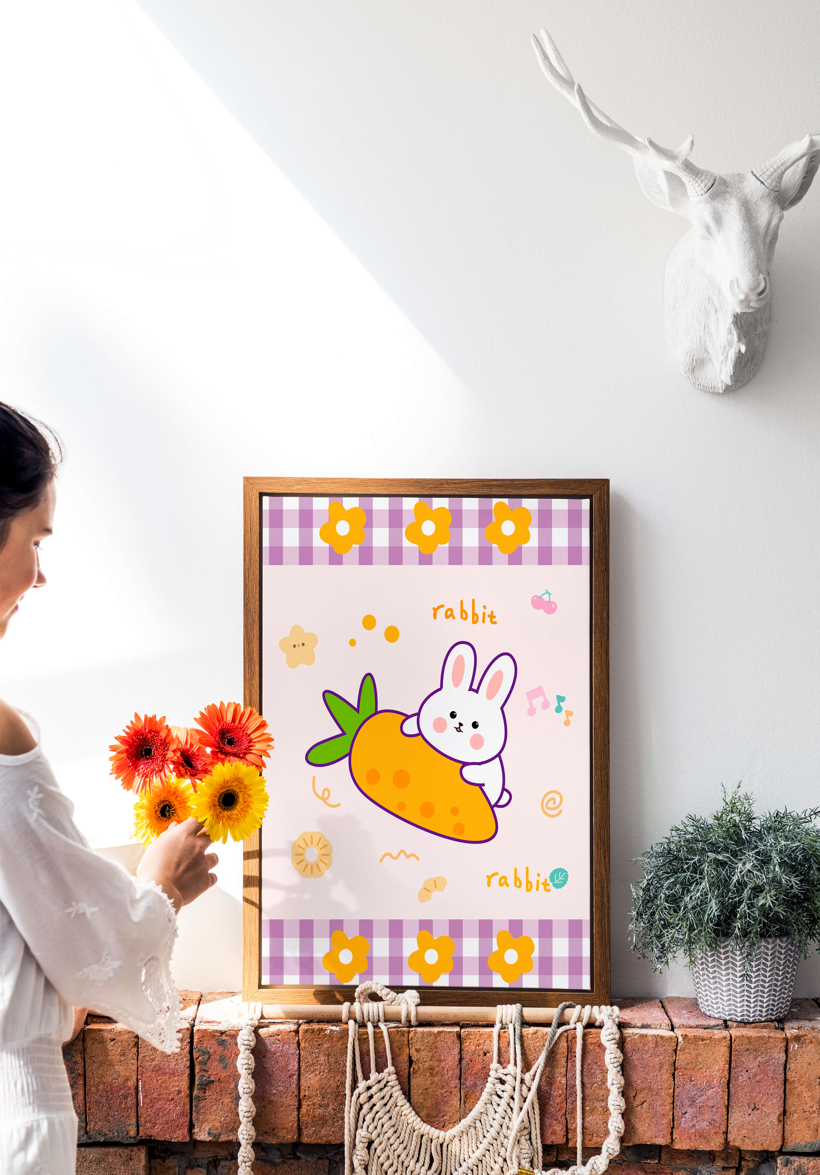 Illustrated cute rabbit with carrot on a colorful background