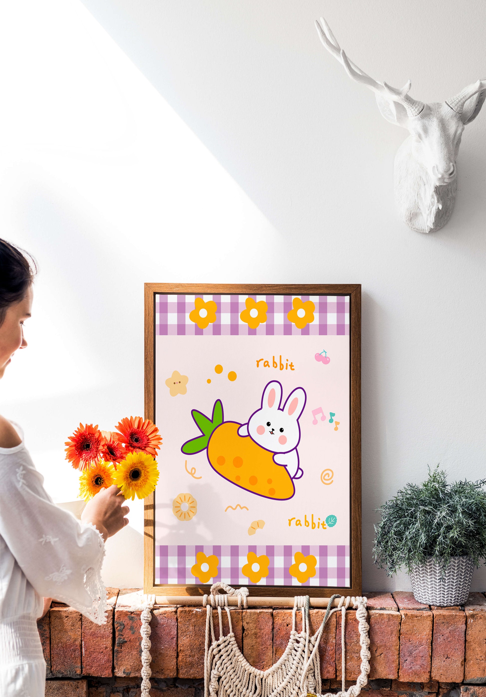 Illustrated cute rabbit with carrot on a colorful background