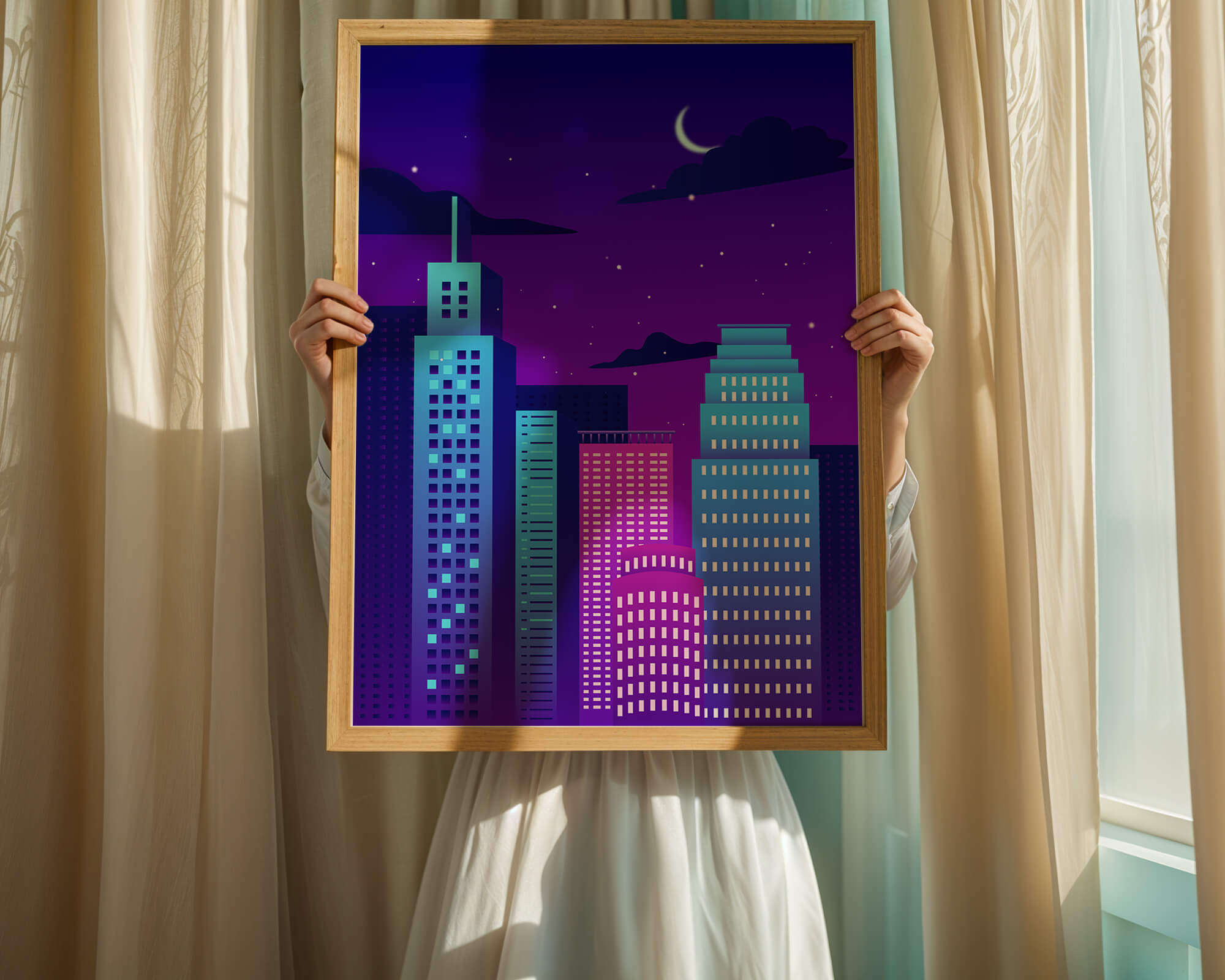 Vibrant city skyline at night with modern skyscrapers and starry sky