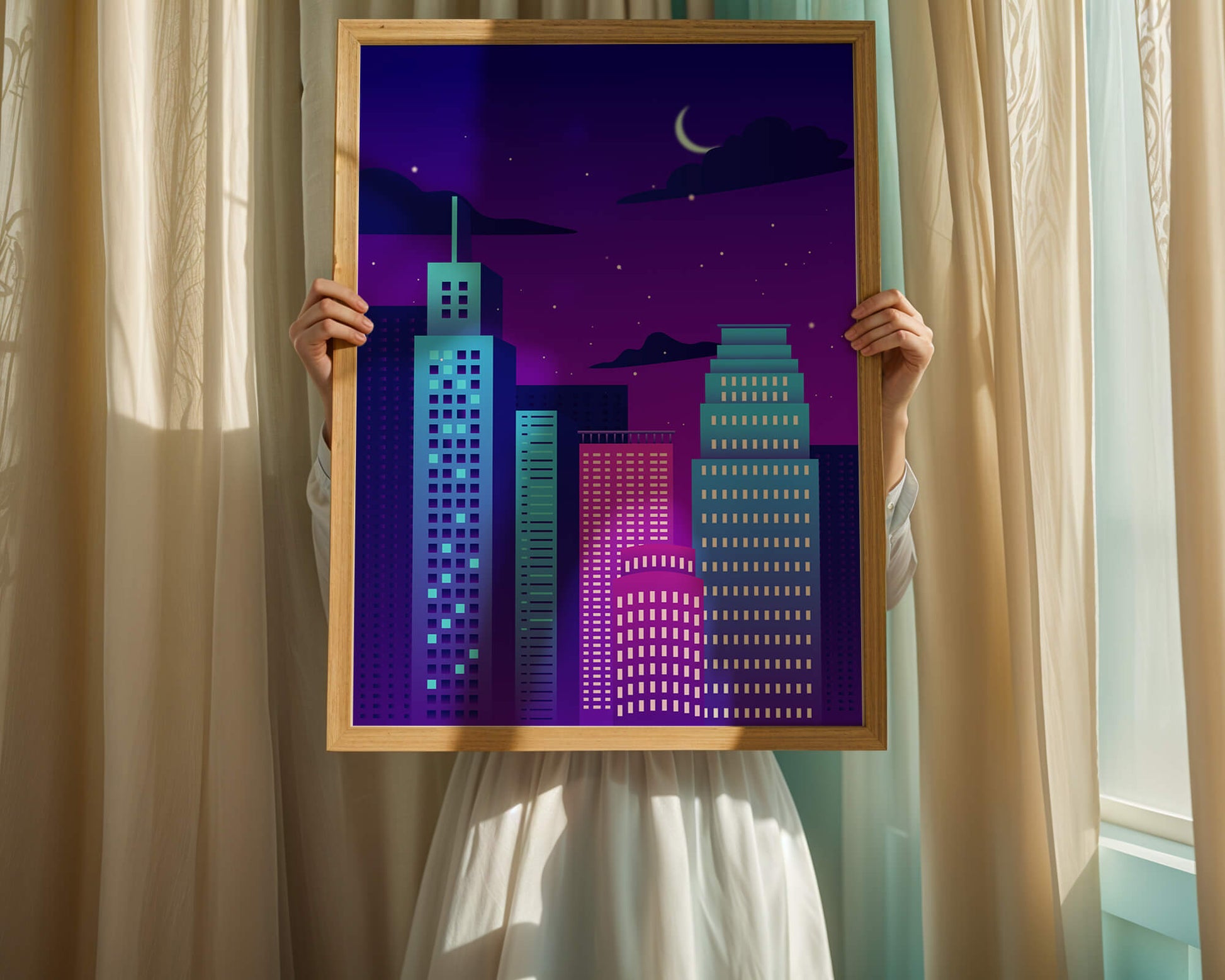 Vibrant city skyline at night with modern skyscrapers and starry sky