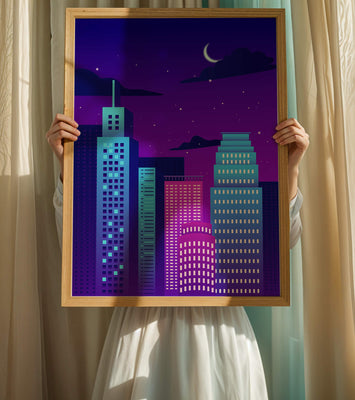 Vibrant city skyline at night with modern skyscrapers and starry sky