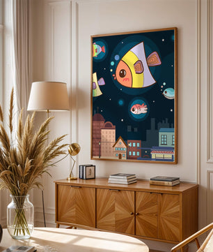 Poisson de dessin animé flottant au-dessus d'une ville nocturne avec des étoiles
