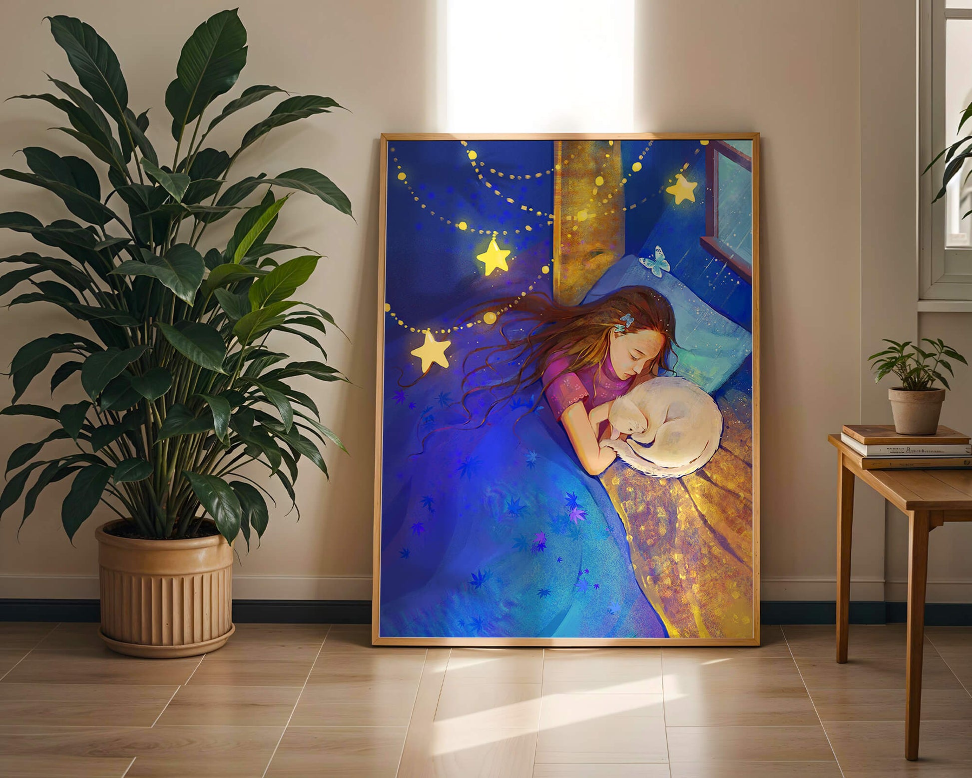 Girl sleeping with cat under starry night sky