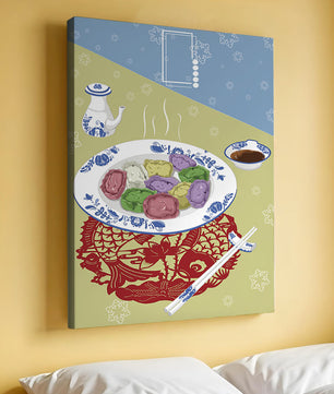 Colorful dumplings and tea set on decorative mat