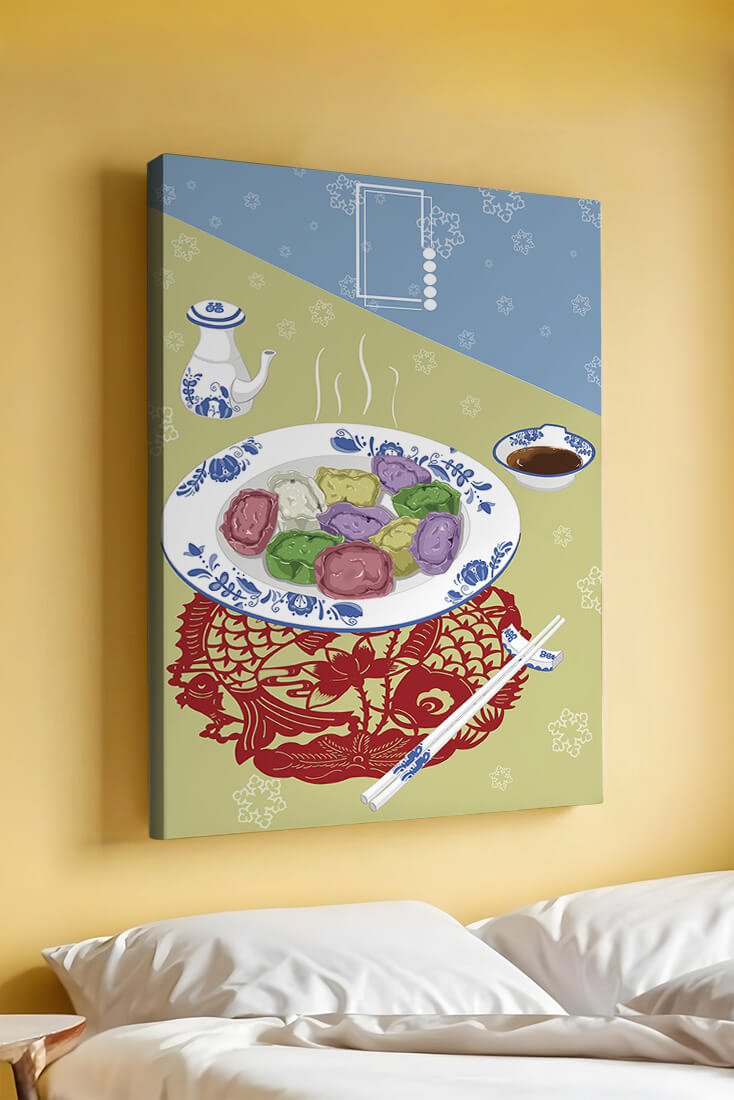 Colorful dumplings and tea set on decorative mat