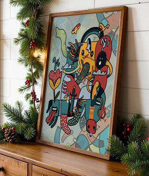 Colorful Abstract Surrealism Art with Intricate Details and Playful Characters