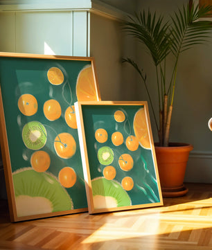 Ilustración de patrón de frutas vibrantes de kiwi y naranja