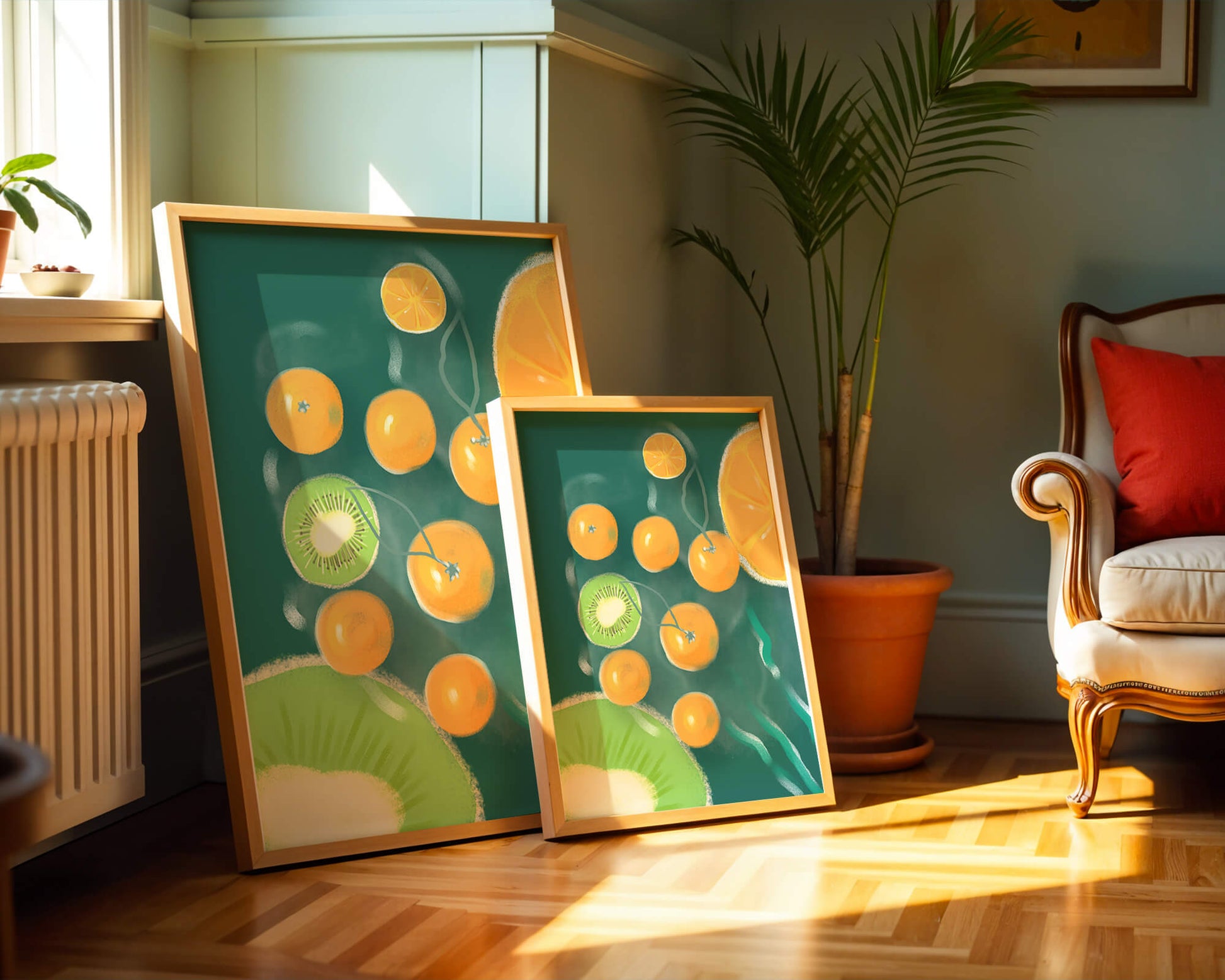 Vibrant kiwi and orange fruit pattern illustration