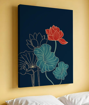 Elegant Floral Illustration with Vibrant Lotus and Gold Outlines on Dark Background