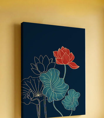 Elegant Floral Illustration with Vibrant Lotus and Gold Outlines on Dark Background