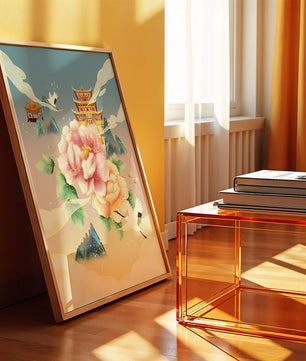 Elegant Asian Landscape With Pagoda, Cranes, and Peonies