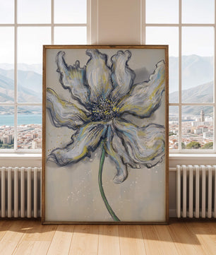 Elegant blue and green abstract floral artwork with flowing lines