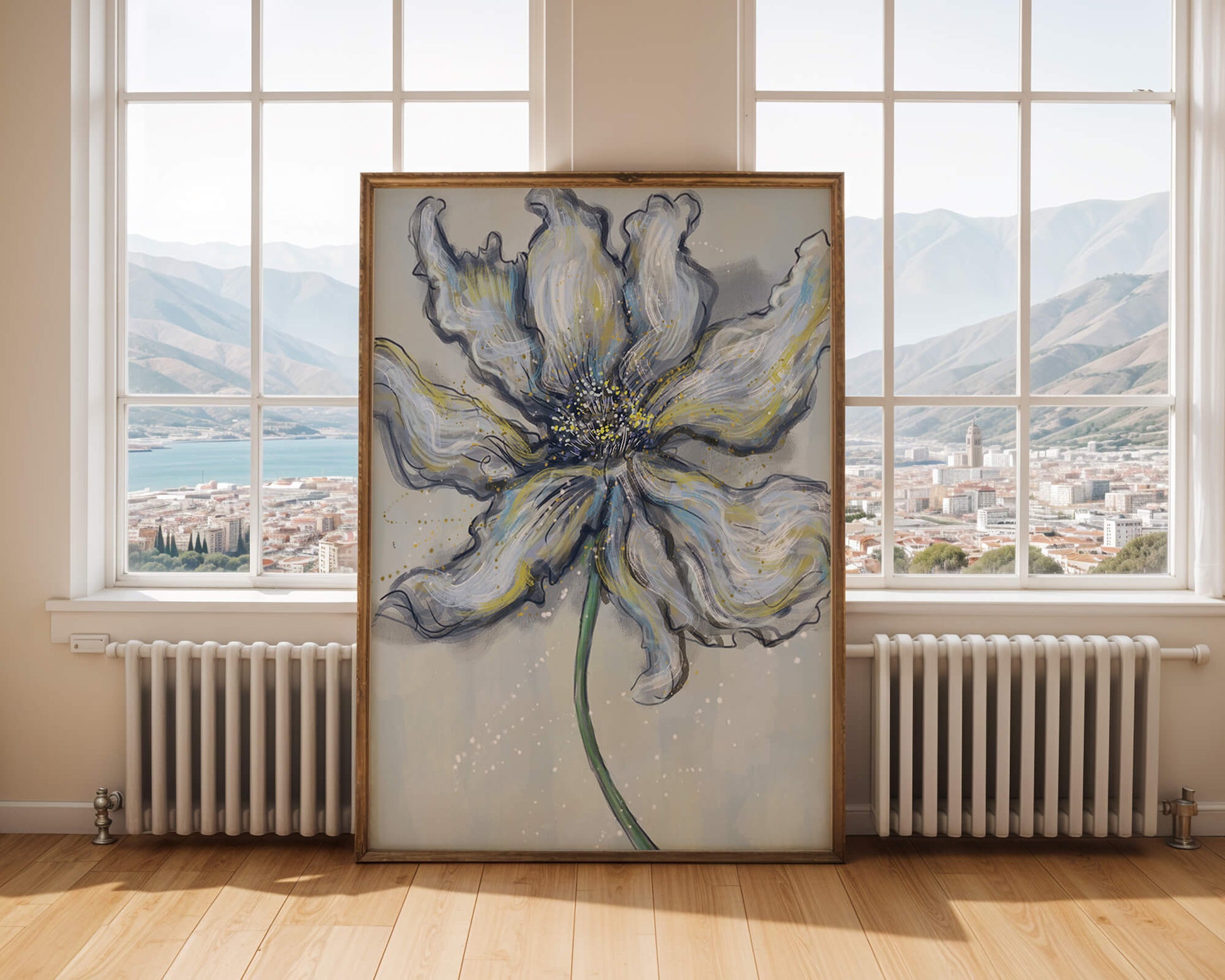 Elegant blue and green abstract floral artwork with flowing lines