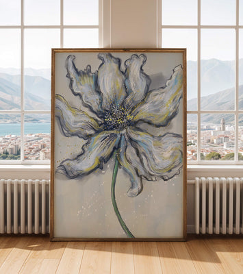 Elegant blue and green abstract floral artwork with flowing lines
