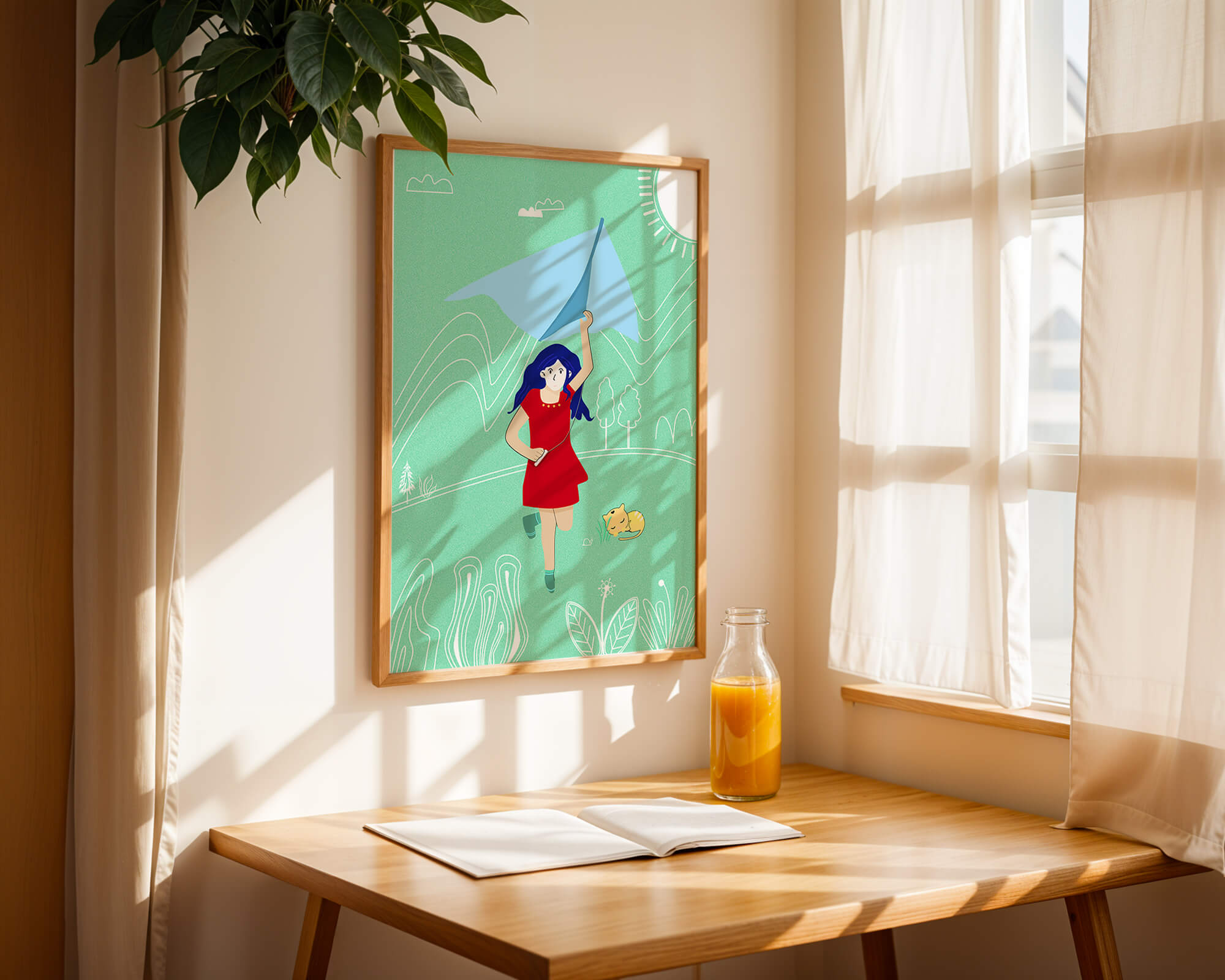 Illustration of a girl with a kite in a whimsical landscape