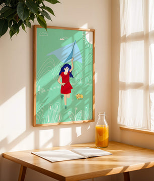 Illustration d'une fille avec un cerf-volant dans un paysage fantaisiste