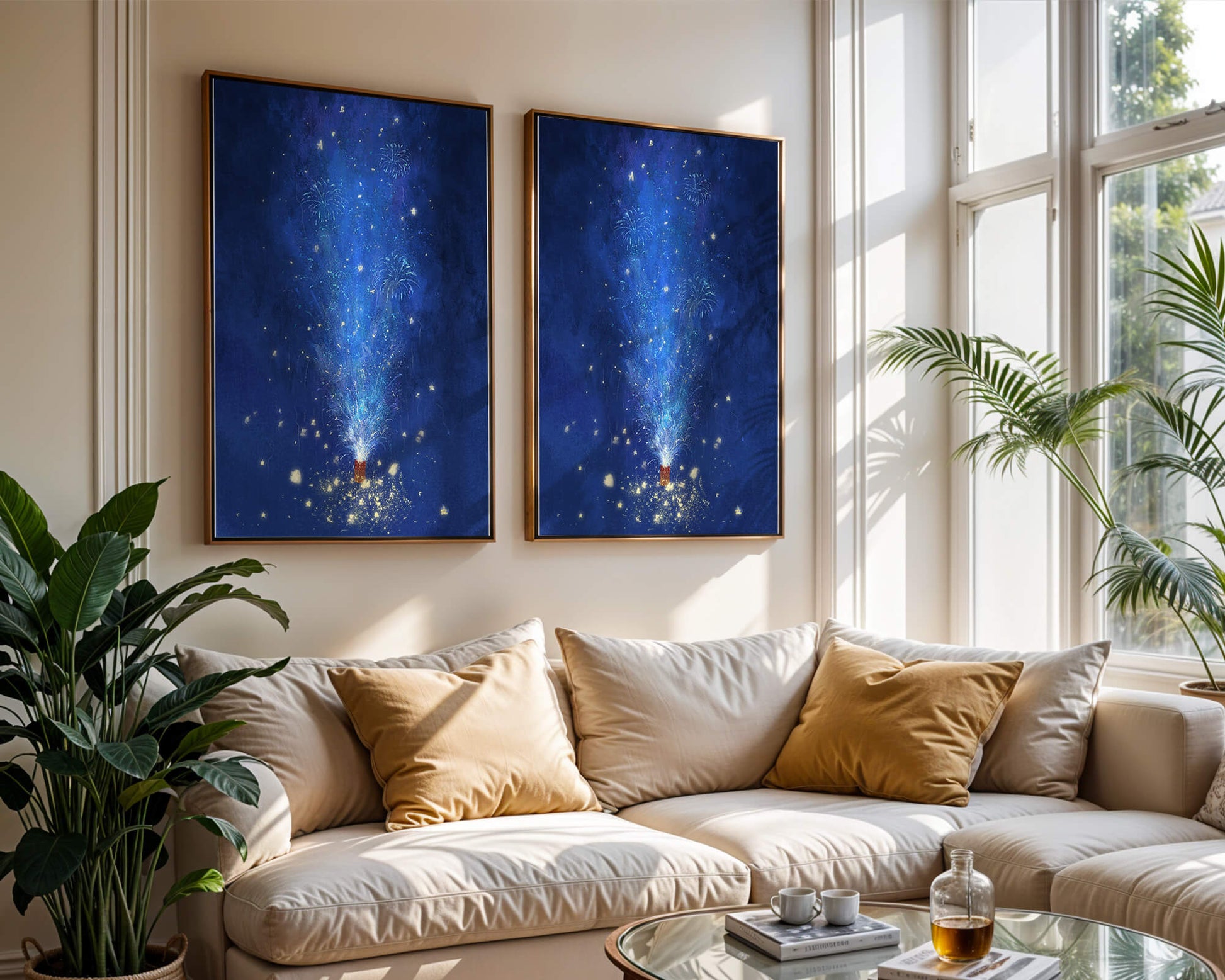 Feu d'artifice bleu dans la nuit avec étincelles dorées