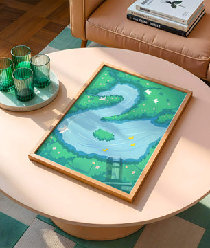 Serene River with Ducks and Birds in a Lush Landscape