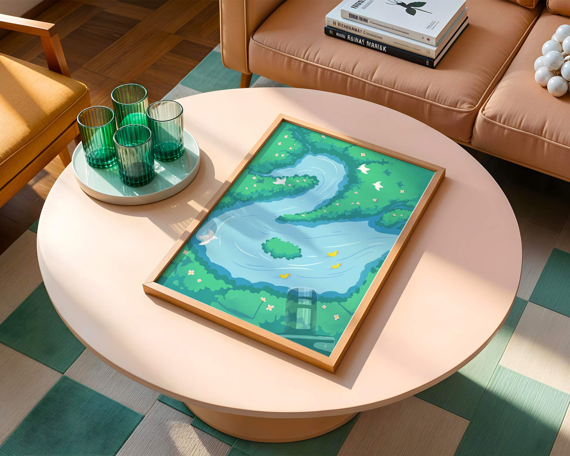 Río sereno con patos y aves en un paisaje exuberante