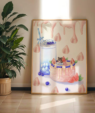 Escena de postre caprichosa con pastel y bebida con acentos juguetones