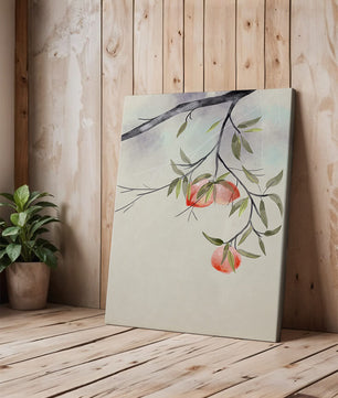 Peaceful Botanical Illustration of Branches with Leaves and Peaches - Mi tienda