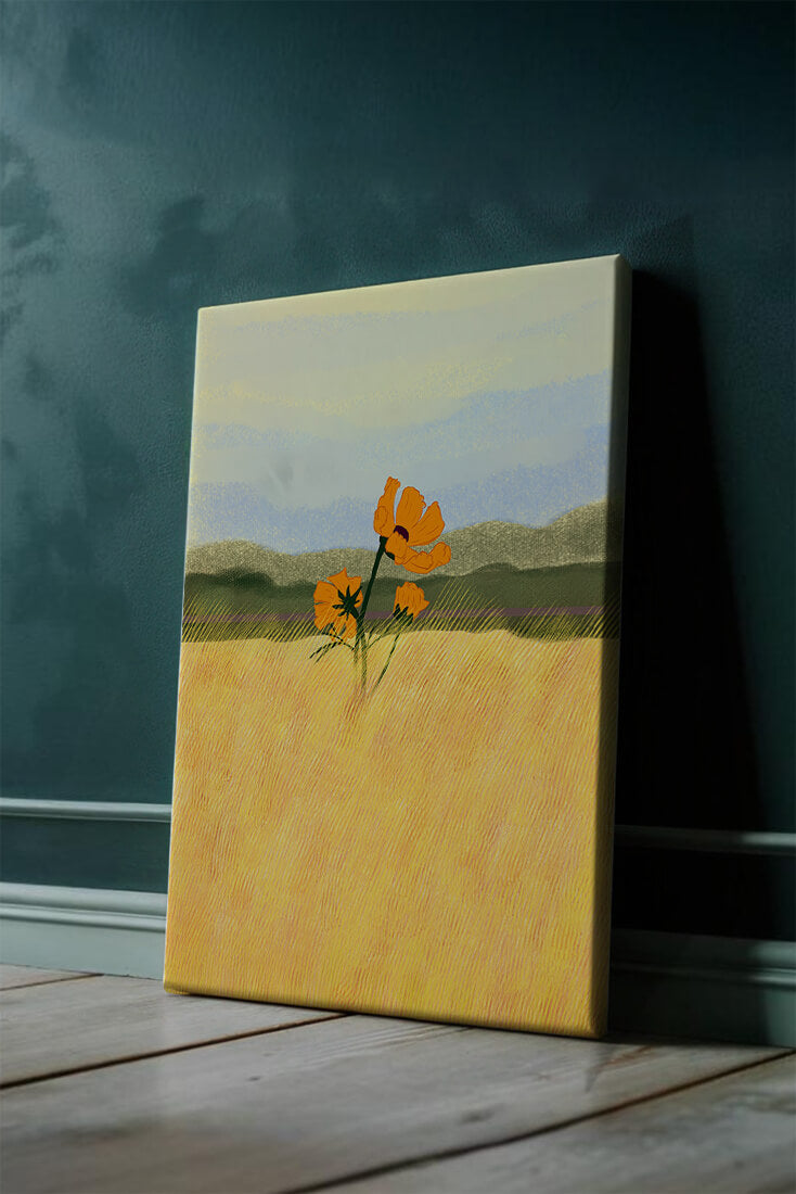 Orange Flowers in a Golden Field with Mountains and Blue Sky