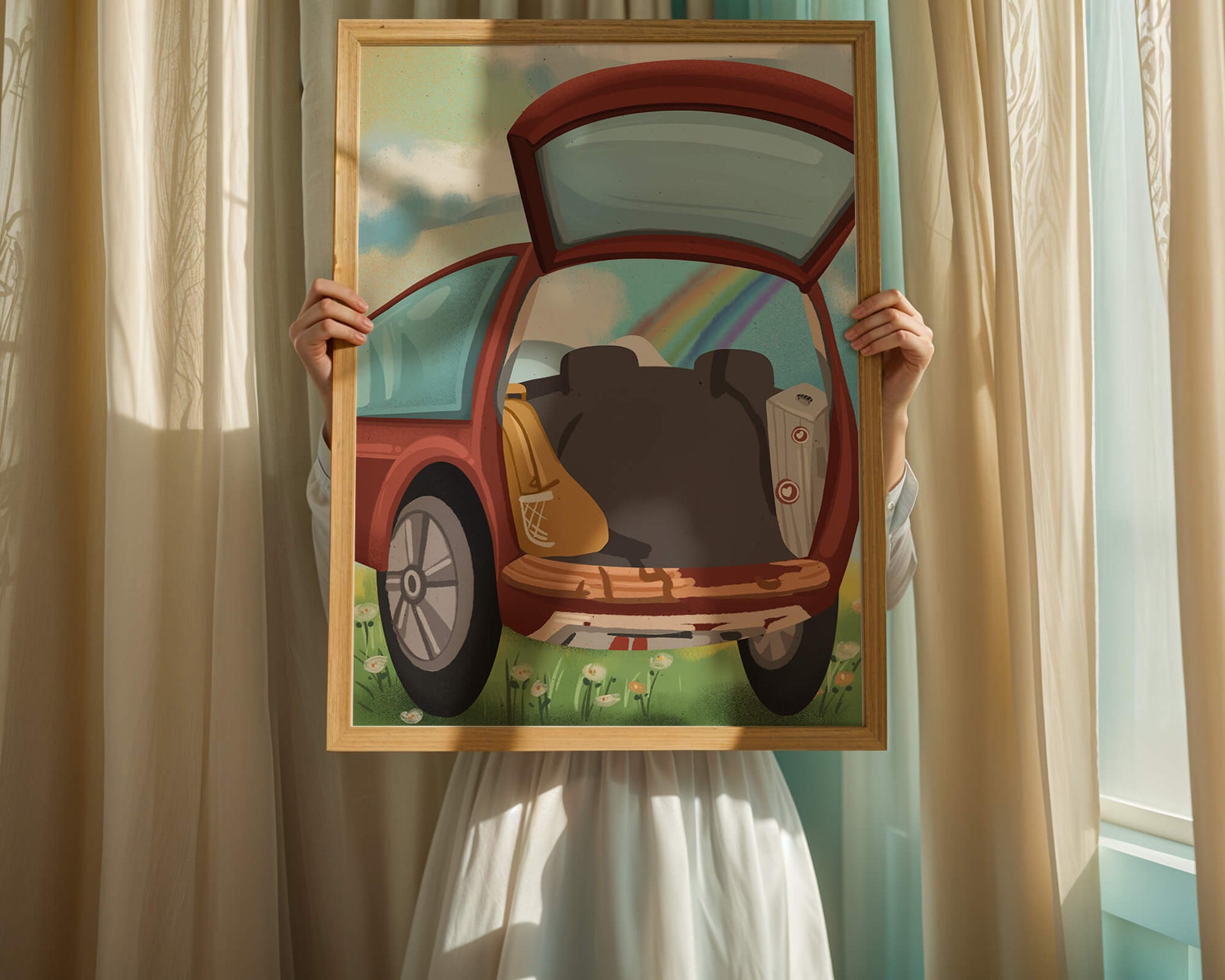 Car Trunk with Picnic Items and Rainbow in Background