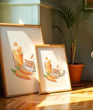 Illustration von Karottenkuchen und Saft mit frischen Karotten