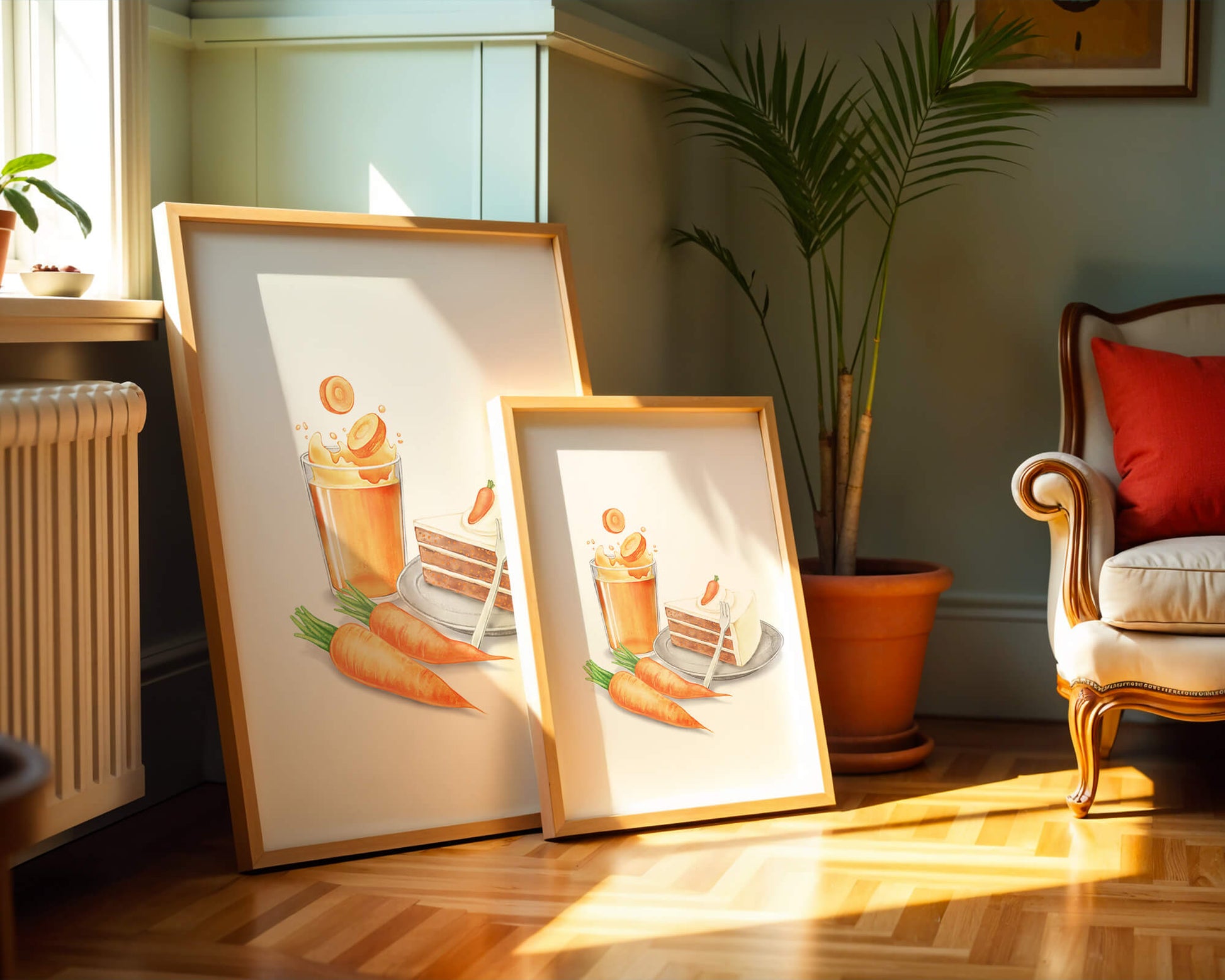 Illustration von Karottenkuchen und Saft mit frischen Karotten