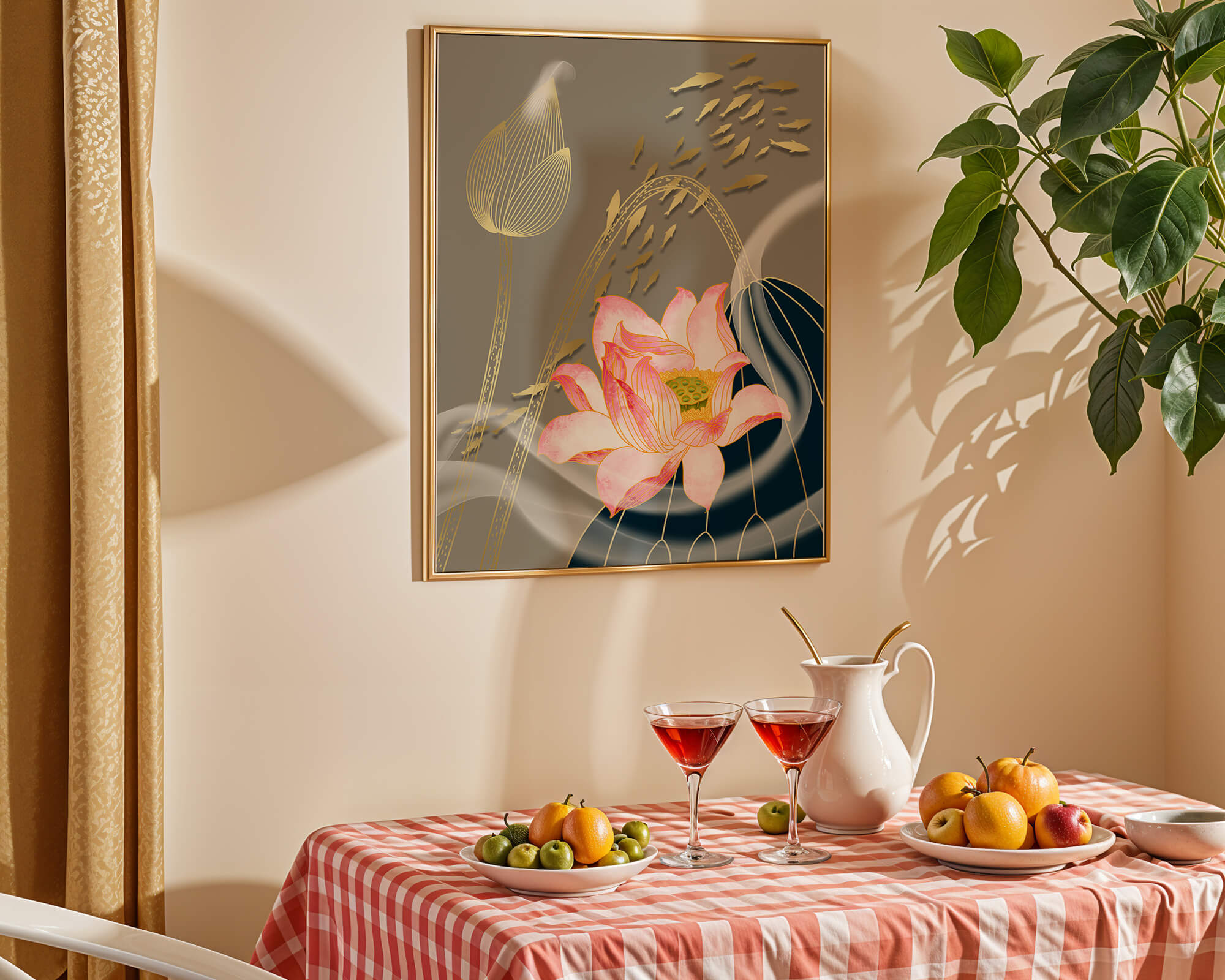 Elegant floral design with blooming lotus and golden fish accents
