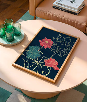 Vibrant Lotus Flowers on Dark Background with Gold Outline
