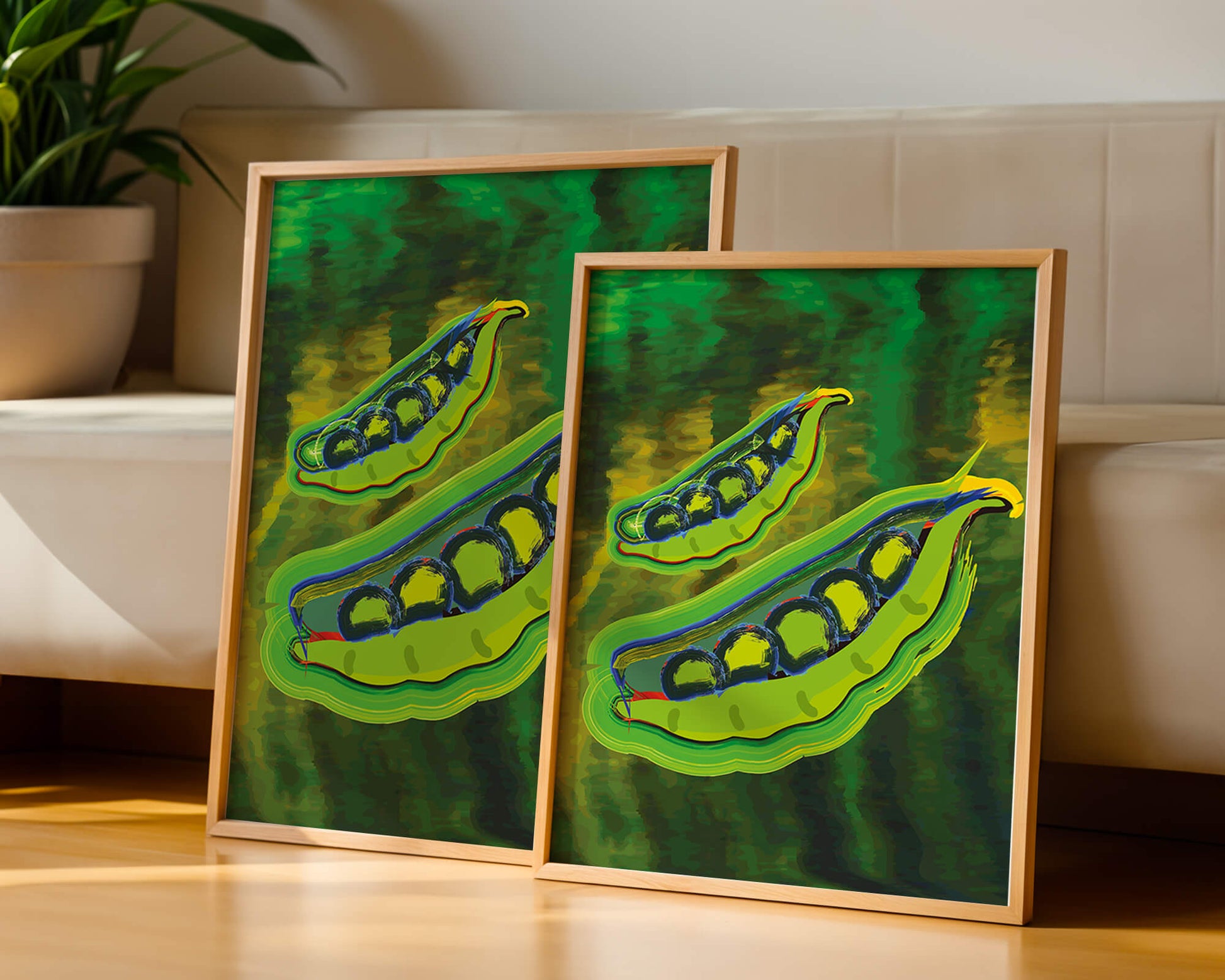 Ilustración abstracta de guisantes verdes coloridos con fondo vibrante