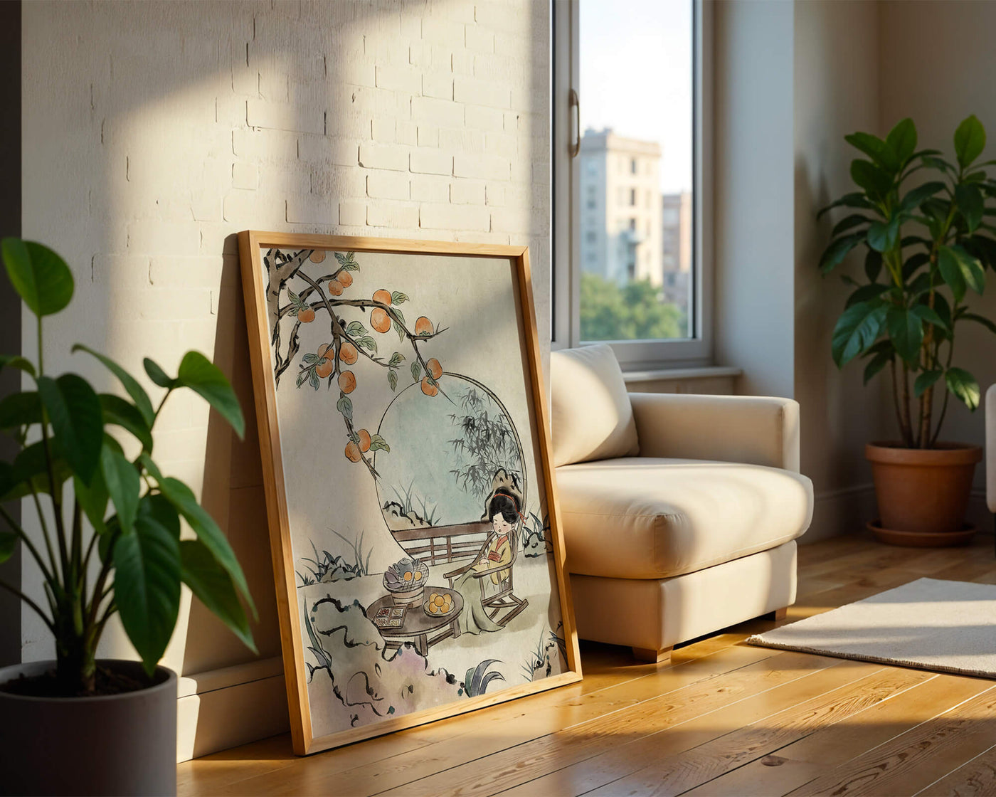 Tranquil garden scene with persimmons and serene figure