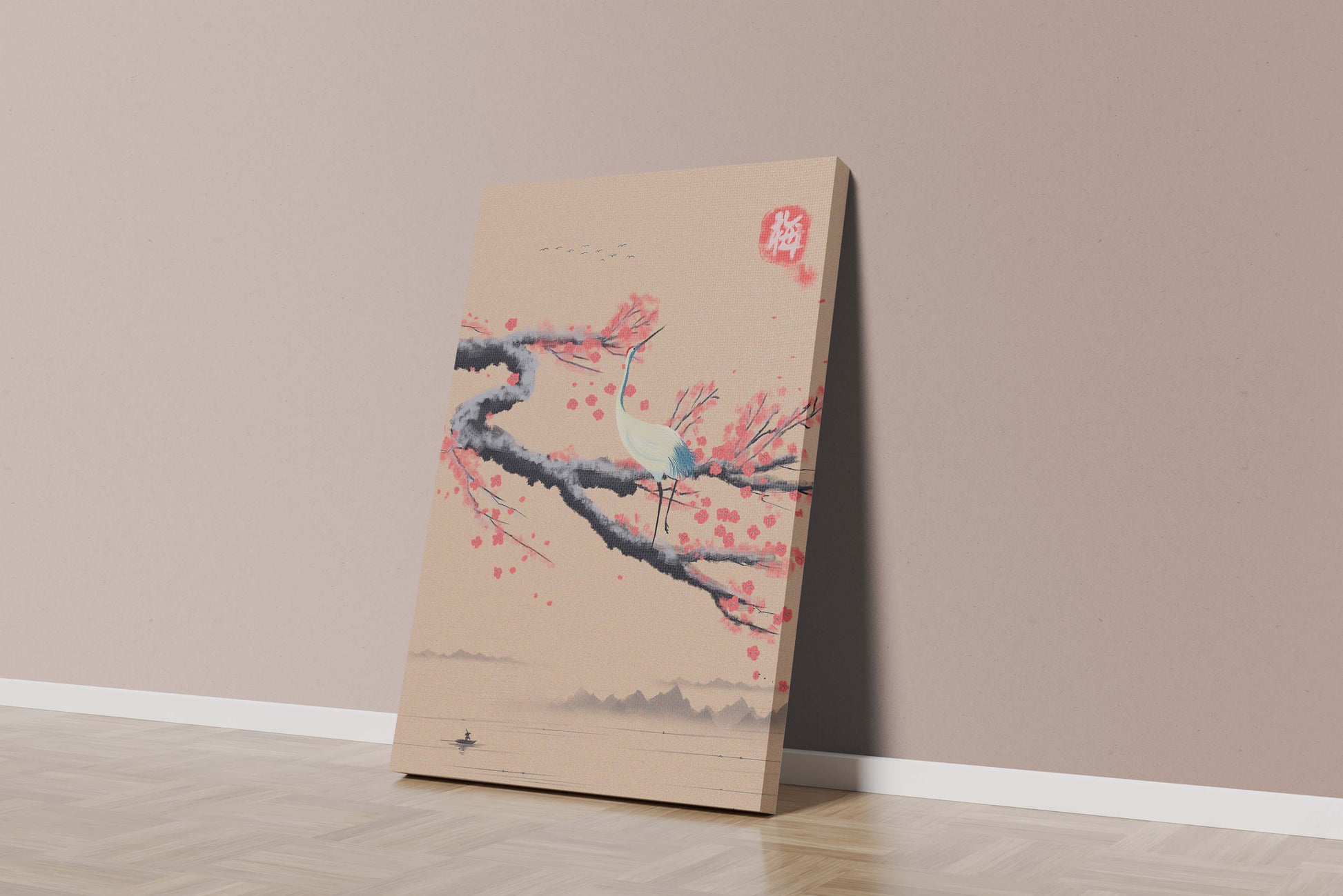 Elegant crane on cherry blossom branch with serene landscape