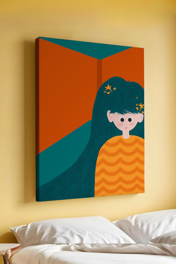Colorful abstract illustration of a character with teal hair and orange background