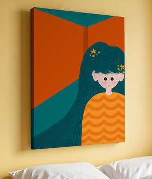 Colorful abstract illustration of a character with teal hair and orange background