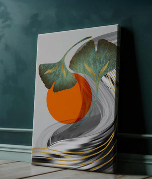 Hojas de Ginkgo abstractas con círculo naranja y ondas plateadas