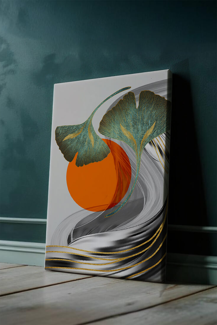 Hojas de Ginkgo abstractas con círculo naranja y ondas plateadas