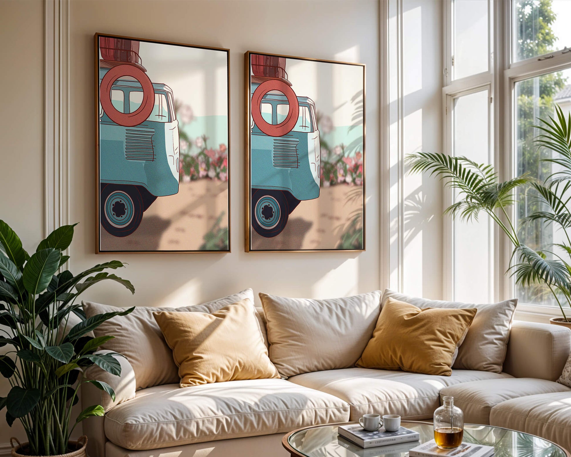 Viaje por carretera de verano en una furgoneta azul vintage