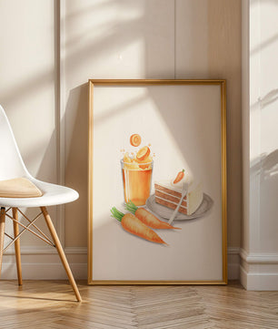 Illustration von Karottenkuchen und Saft mit frischen Karotten