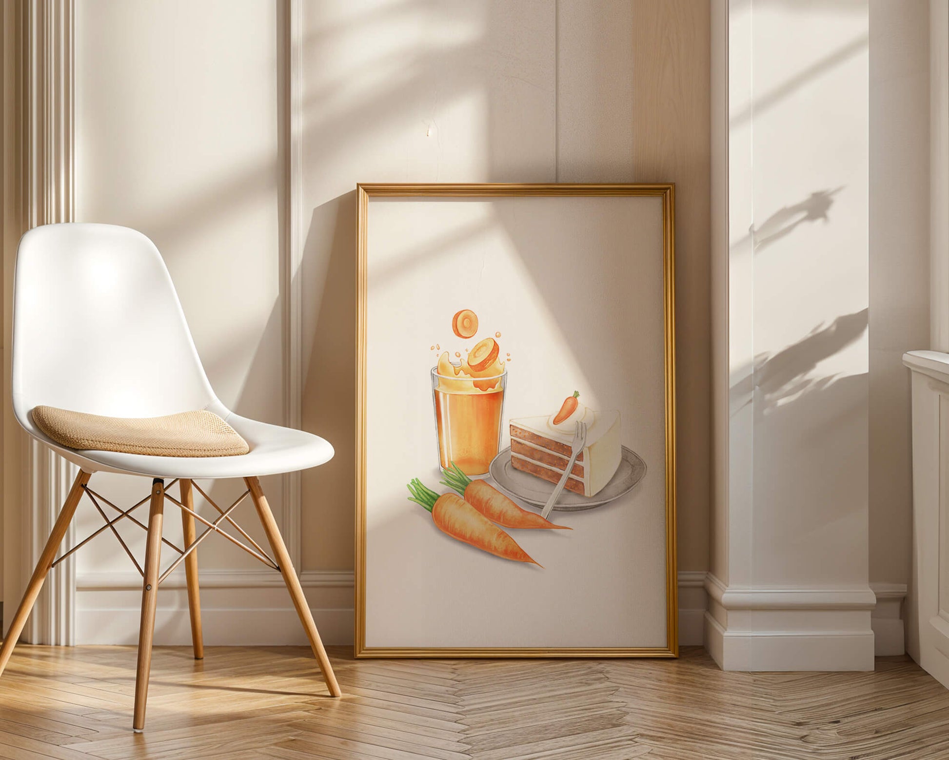 Illustration von Karottenkuchen und Saft mit frischen Karotten