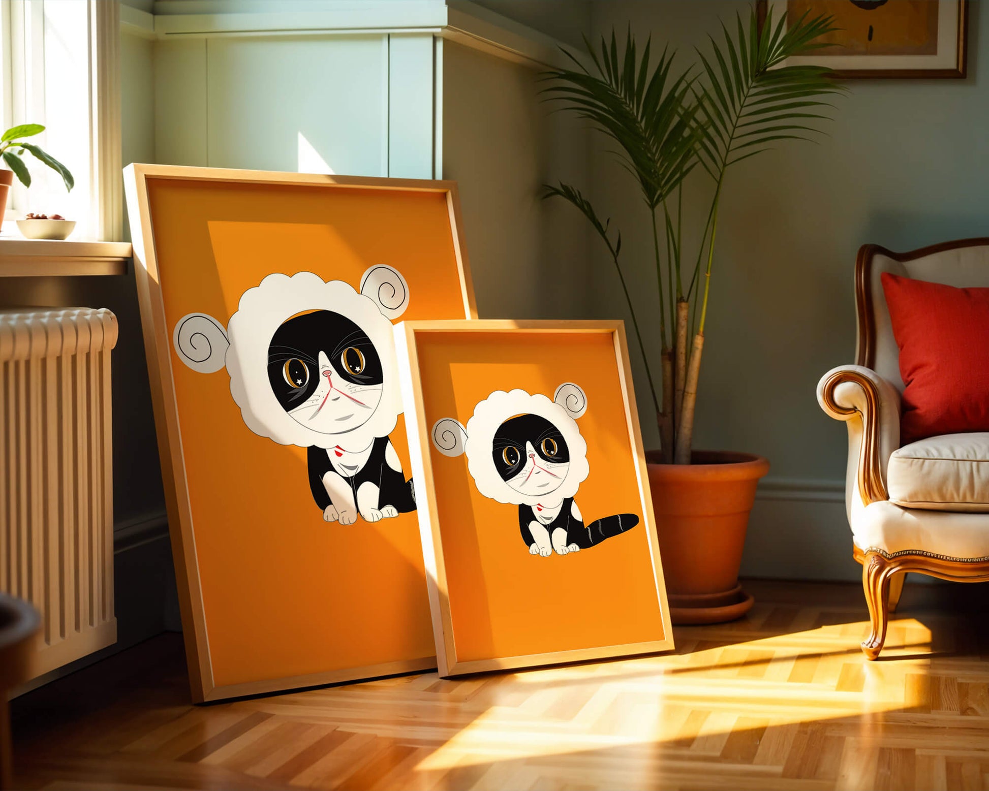 Ilustración de un gato disfrazado de oveja sobre un fondo naranja vibrante