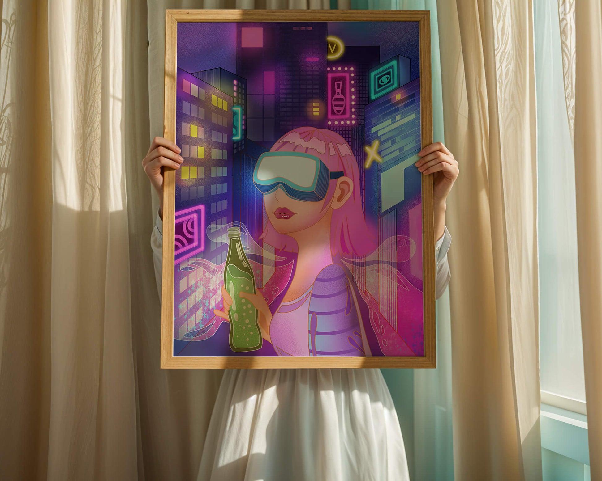 Futuristic urban scene with neon lights and virtual reality elements