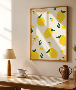 Playful lemon pattern with green leaves and abstract shapes