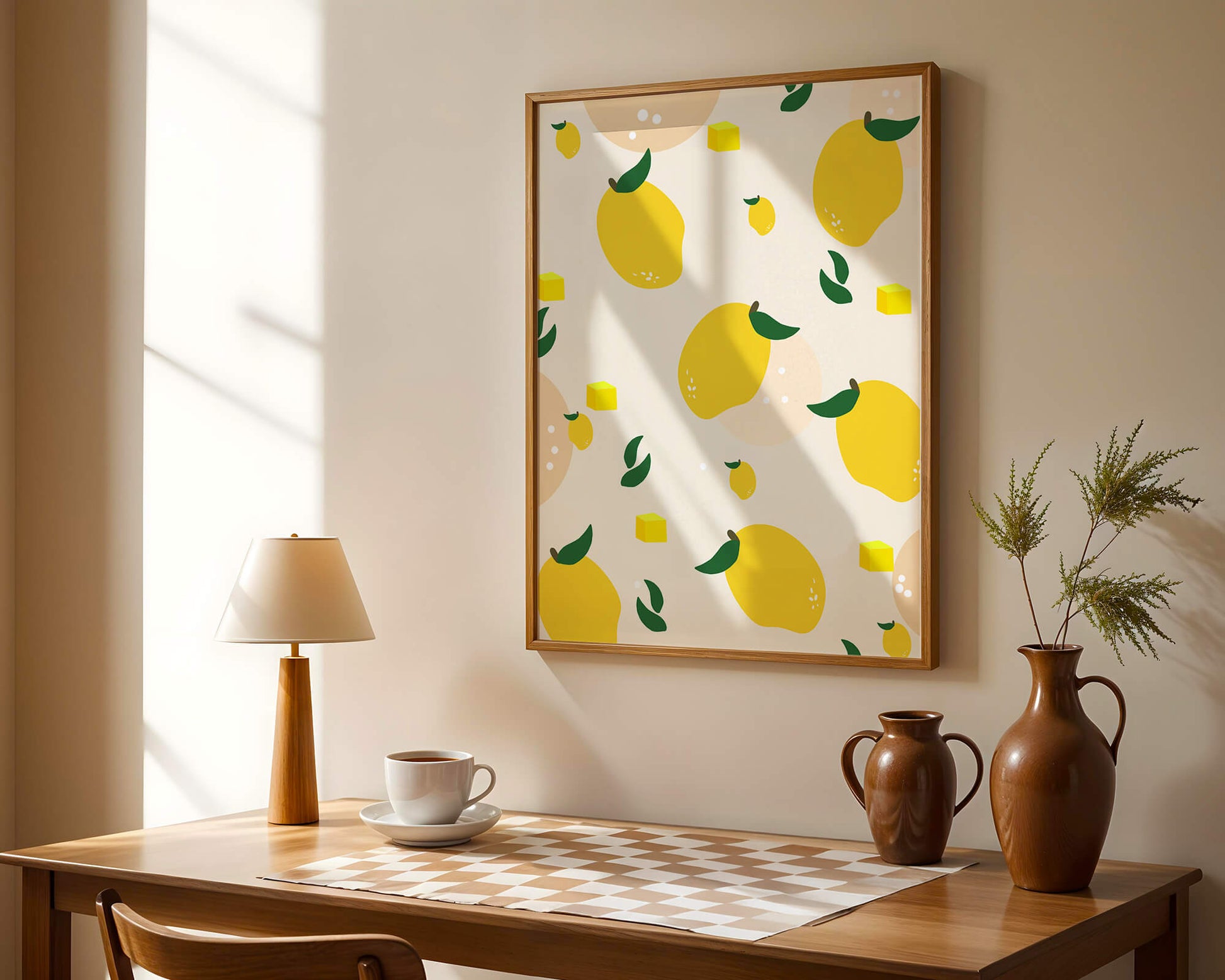 Playful lemon pattern with green leaves and abstract shapes
