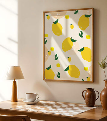 Playful lemon pattern with green leaves and abstract shapes