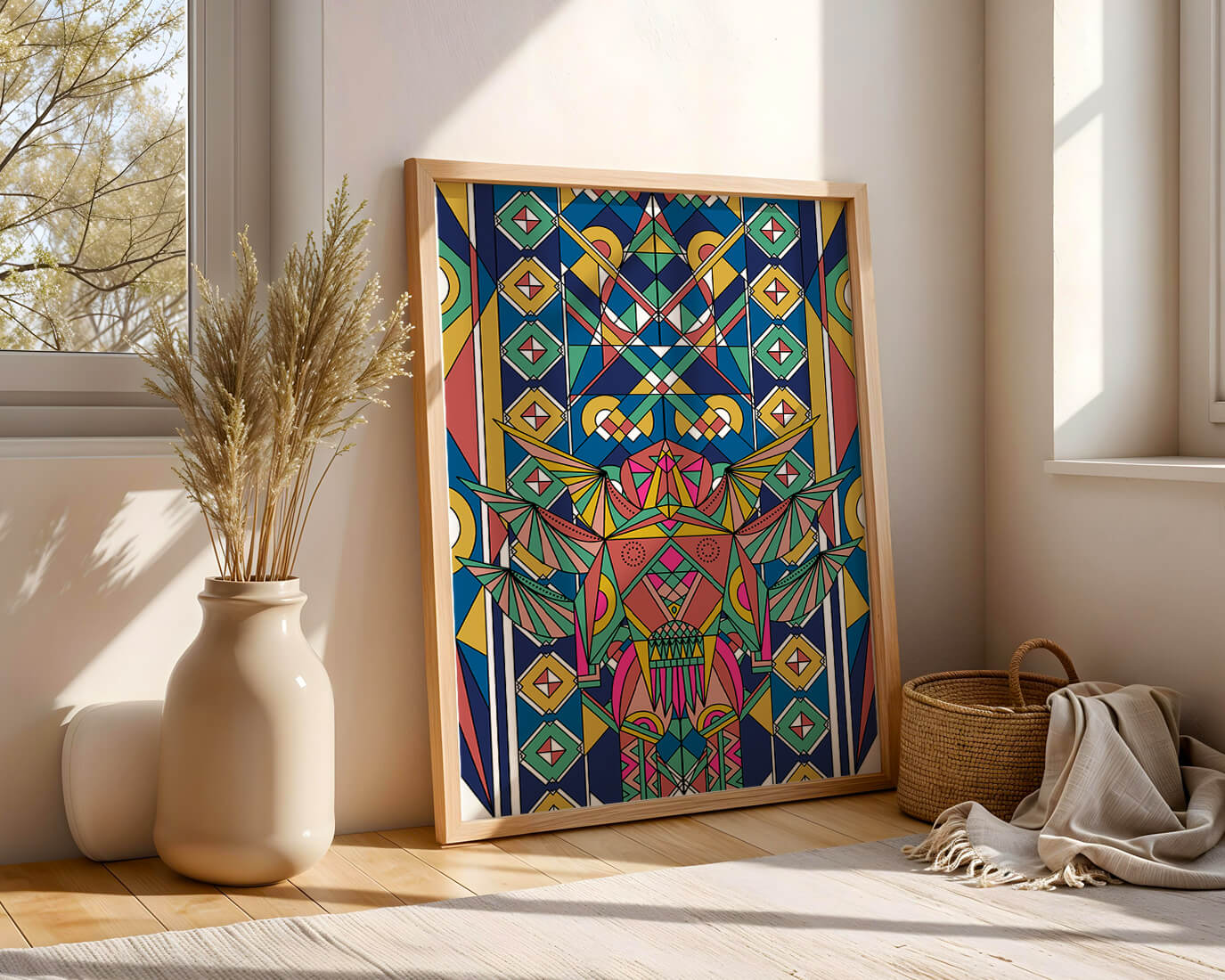 Arte abstracto geométrico colorido con patrones simétricos