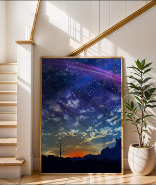 Starlit night sky with colorful sunset and silhouetted landscape
