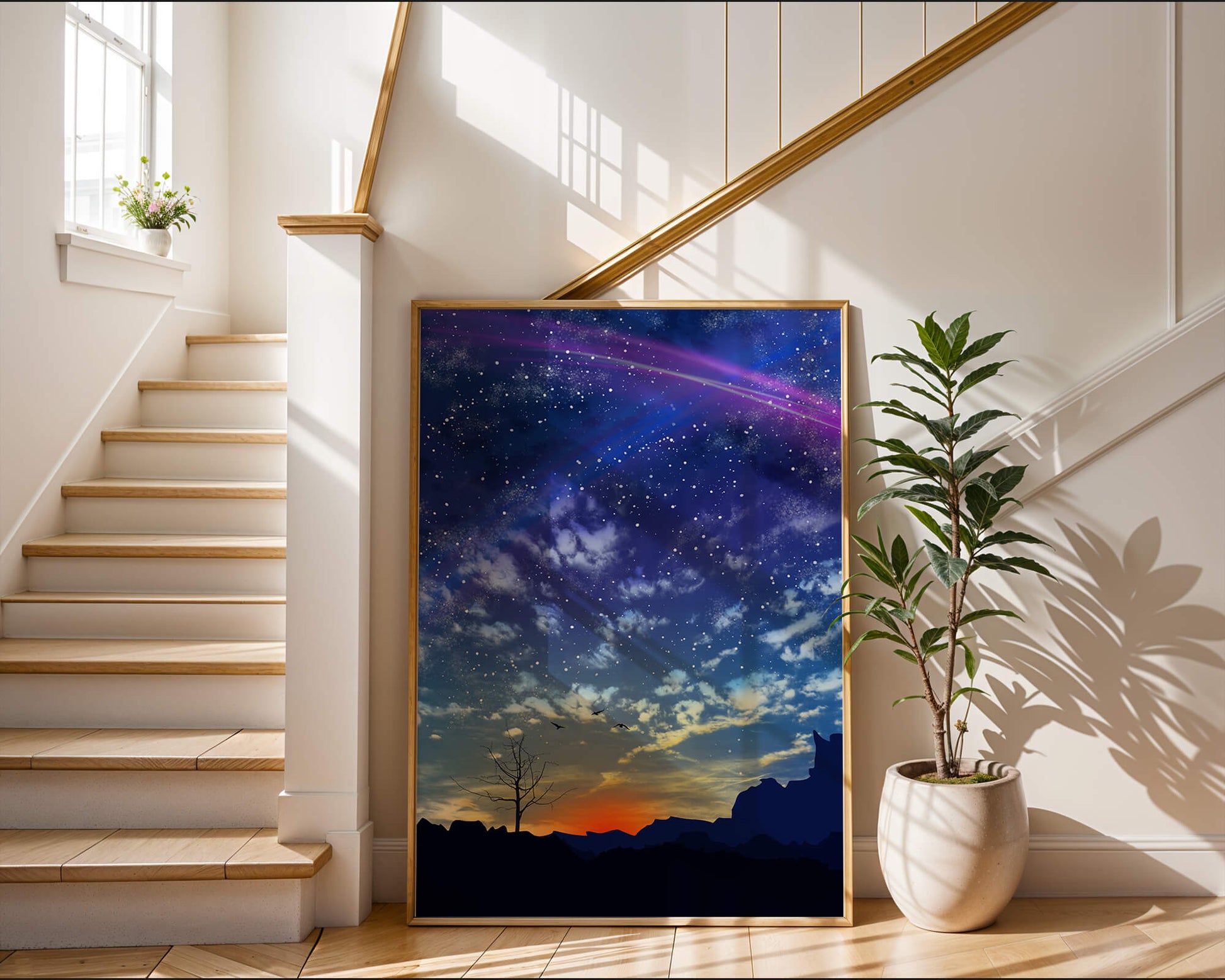 Starlit night sky with colorful sunset and silhouetted landscape